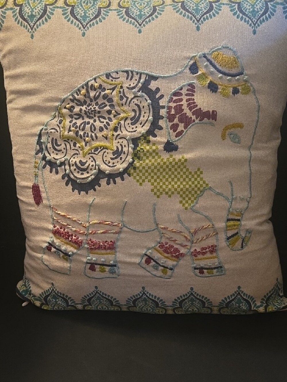 Anthology Embroidered Elephant Decorative Throw Pillow in Cream and Multicolor - Picture 4 of 10